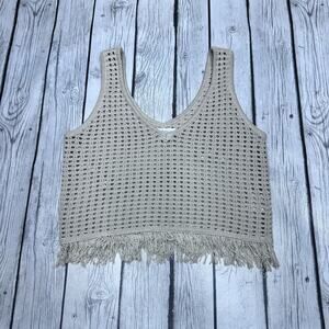 Vestique Crop Crochet Fringe Sweater Size Small